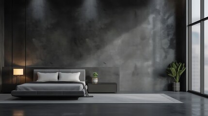 an AI image of a luxurious modern bedroom with a grey wall texture background attractive look