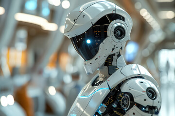 Fototapeta premium modern white robot with blue lights in a futuristic setting