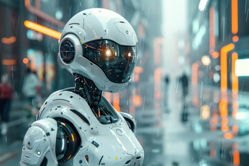 futuristic robot in a rainy urban environment with neon lights - obrazy, fototapety, plakaty