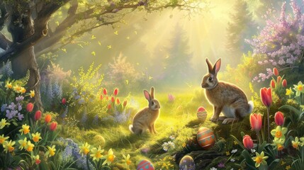 A rabbit is nestled among the flowers in a meadow surrounded by lush green grass and beautiful natural landscape in a forest AIG42E - obrazy, fototapety, plakaty