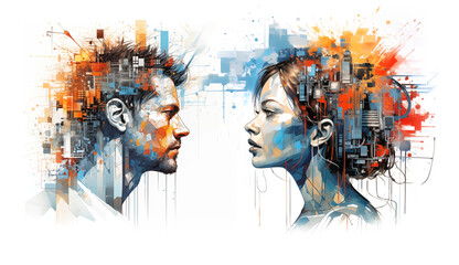 Ai, artificial intelligence grunge art illustration of a man and a womans silhouettes with exploding brains