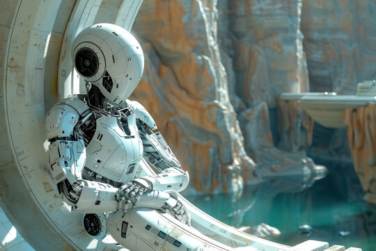 futuristic robot relaxing by a serene alien lake surrounded by rocky cliffs