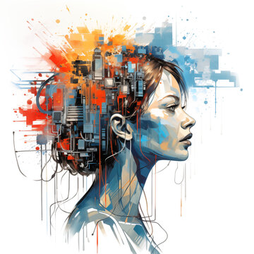 Ai, artificial intelligence grunge art illustration of a woman silhouette with colorful exploding brains