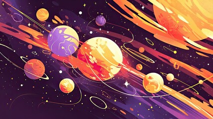 Stunning universe wallpaper with planets, stars, and abstract colors. Perfect for children's cartoons and picture book illustrations. - obrazy, fototapety, plakaty