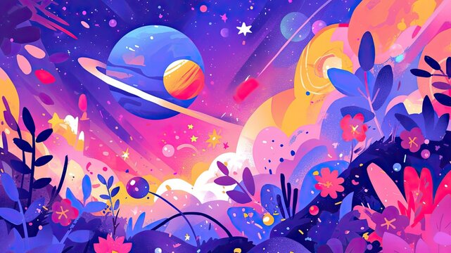 Stunning universe wallpaper with planets, stars, and abstract colors. Perfect for children's cartoons and picture book illustrations.