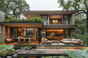 A modern house in the middle of the forest, with many plants and water features on the first floor, a wooden material facade, the living room open to a garden terrace with a sofa seating area.  - obrazy, fototapety, plakaty