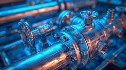 Fototapeta premium Close-up of industrial pipes and valves on blue toned background