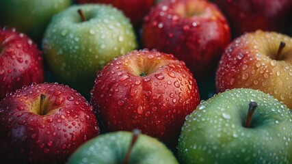 Experience a vivid close-up of organic green and red apples, symbolizing freshness and healthy living in a dynamic aerial shot.