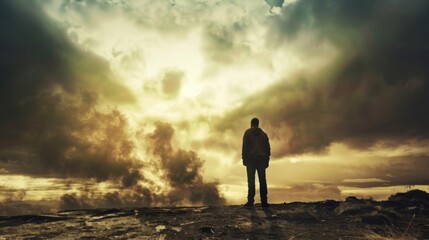 Man Standing on Top of Hill Under Cloudy Sky