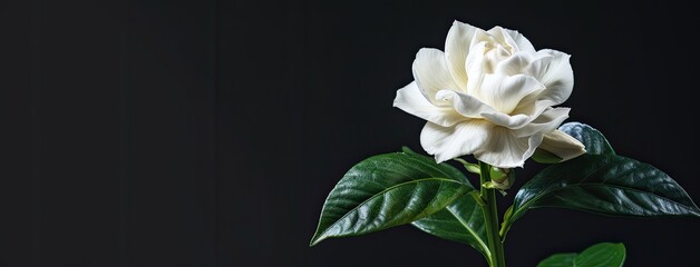 a white gardenia delicately placed on the right side, set against a pristine white or sleek black background, leaving ample space on the left for text.