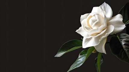 a white gardenia delicately placed on the right side, set against a pristine white or sleek black background, leaving ample space on the left for text. - obrazy, fototapety, plakaty