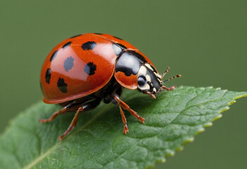 Fototapeta premium a macro photo of a ladybug crawling on a leaf
