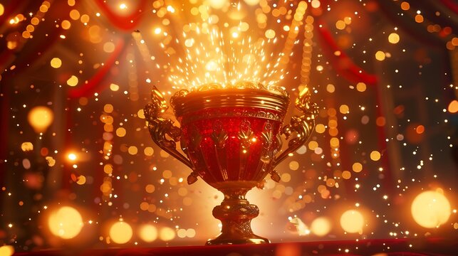an AI image of an opulent red and gold trophy cup on a stage, surrounded by dazzling lights and a sense of grandeur attractive look