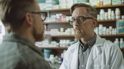 A pharmacist counseling a patient on proper medication usage and potential side effects, providing personalized care and guidance for optimal health outcomes. - obrazy, fototapety, plakaty
