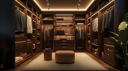 an AI image showcasing a sleek and modern dark brown wood walk-in closet with a touch of luxury attractive look