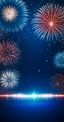 4th of July, USA Independence Day vertical banner in blue, red, and white with stars and fireworks, copy space.