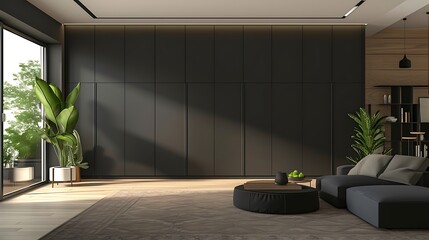 an AI image showcasing a sleek and minimalist modern wall wardrobe design integrated seamlessly into a contemporary living room setting attractive look