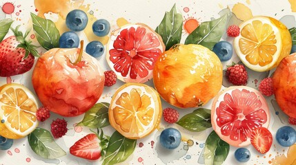 This seamless pattern features cute fruit designs for summer