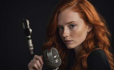 Portrait of a beautiful red-haired model talking studio microphone, a ginger model with a face of beauty and red hair, noir, contrast