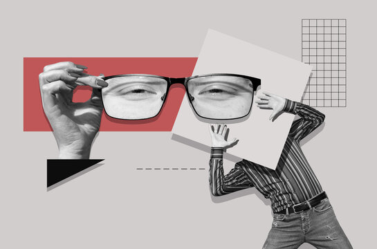 Collage with female hand holding glasses and a man with raised hands