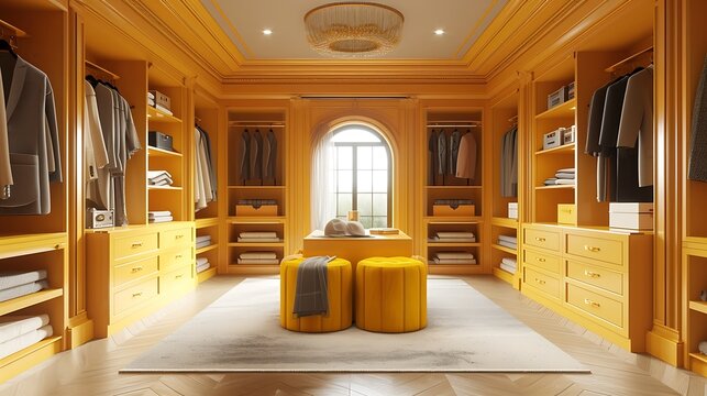 an AI image that emphasizes the luxury and style of a yellow wood walk-in closet attractive look