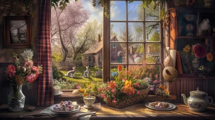 Gordijnen An art piece showcasing a rabbit sitting on a table in front of a window, set against a natural landscape with plants, flowers, and trees AIG42E © Summit Art Creations