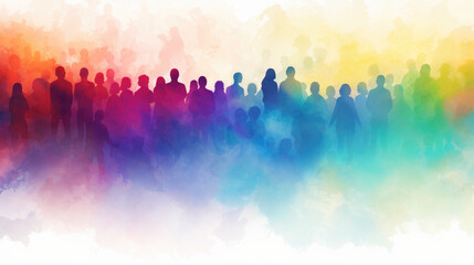 Illustration of crowd of a group of diverse people as silhouettes in rainbow colors, isolated on white background, watercolor ink splash. - obrazy, fototapety, plakaty