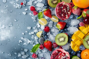 Fototapeta na wymiar Assorted Fruits and Ice on Table