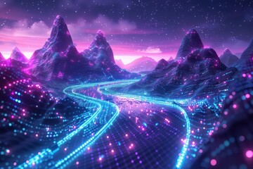 Medium shot of an ethereal neon grid landscape, with blockchain data points highlighted along curvilinear paths
