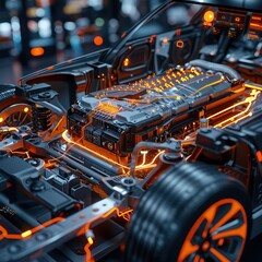 Medium shot of an electric vehicle's powertrain, with a holographic display detailing battery status and efficiency gauges - obrazy, fototapety, plakaty