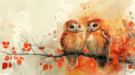 This autumn background features funny owls - obrazy, fototapety, plakaty