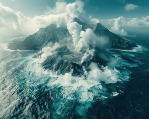 Medium shot of a volcanic island with hydrothermal activity visible along its coast, steam and gases mingling with ocean spray - obrazy, fototapety, plakaty