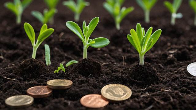 Coin-Grown Plant Sprouting from Euro Coins in Soil