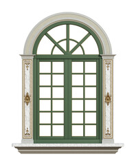 Elegant traditional window with green wooden frames, white marble columns, and ornate details on transparent