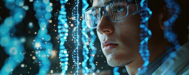 Medium shot of a scientist analyzing digital genetic data, with a prominent blue folder icon organizing the information