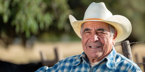 Smiling senior hispanic man wearing a cowboy hat looking at the camera	