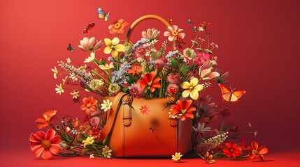 an AI image with 3D rendering techniques, depicting a stylish brown handbag filled with lively...