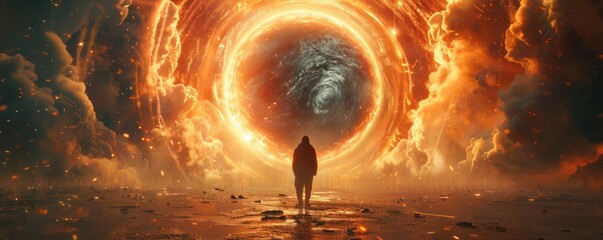 Medium shot of a science fiction author stepping through a portal, living the scenes from their novels - obrazy, fototapety, plakaty
