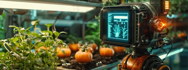 Medium shot of a robot using holographic displays to teach students about sustainable farming techniques
