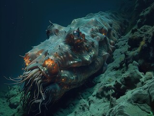 Medium shot of a rare deep-sea creature lurking near a hydrothermal vent, illuminated by the vent's natural glow