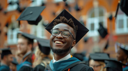 A joyful young man in graduation attire, with glasses and a wide smile, reveling in his academic achievements outdoors.