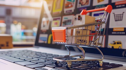  Futuristic online shopping concept, close up of small trolley with boxes on top placed next to laptop computer showing supermarket website interface at home office desk in the background