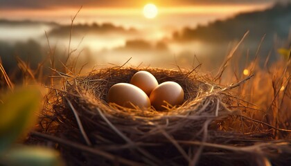 three bird's eggs in a nest