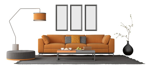 Contemporary living room design with an orange couch, elegant decor, and neutral color palette for a cozy atmosphere, on transparent background -3d rendering - 777669574