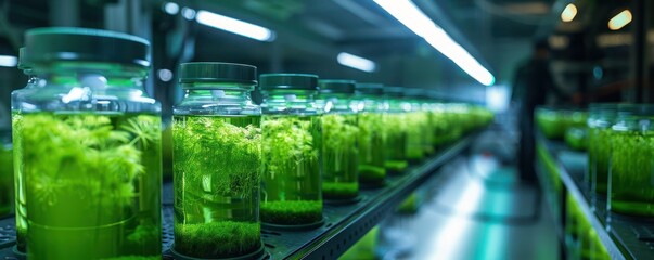 Medium shot of a laboratory cultivating greenish microalgae for nutritional supplements, with rows of bioreactors glowing under artificial light - obrazy, fototapety, plakaty