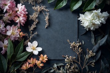 Flat lay photography of a dark grey blank paper surrounded by beautiful flowers and greenery, top view. Dark background with copy space.
