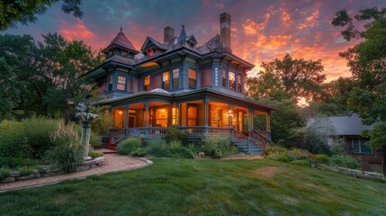 the sun sets, highlighting its wraparound porch and unique mouldings in an email newsletter design for a local real estate agent. - obrazy, fototapety, plakaty