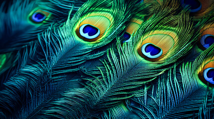 A close up of a group of peacock feathers, with their vibrant colors