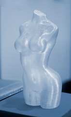 Woman body printed on 3D printer. Woman figure shaped object created 3D printer from plastic. Detailed prototype woman body printed on 3D printer close-up. New modern additive 3D printing technologies
