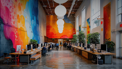A vibrant, colorful mural adorns the walls of an open-plan office space in San Francisco's tech district. The space is filled with desks and computers set up for team work and bustling activity. 